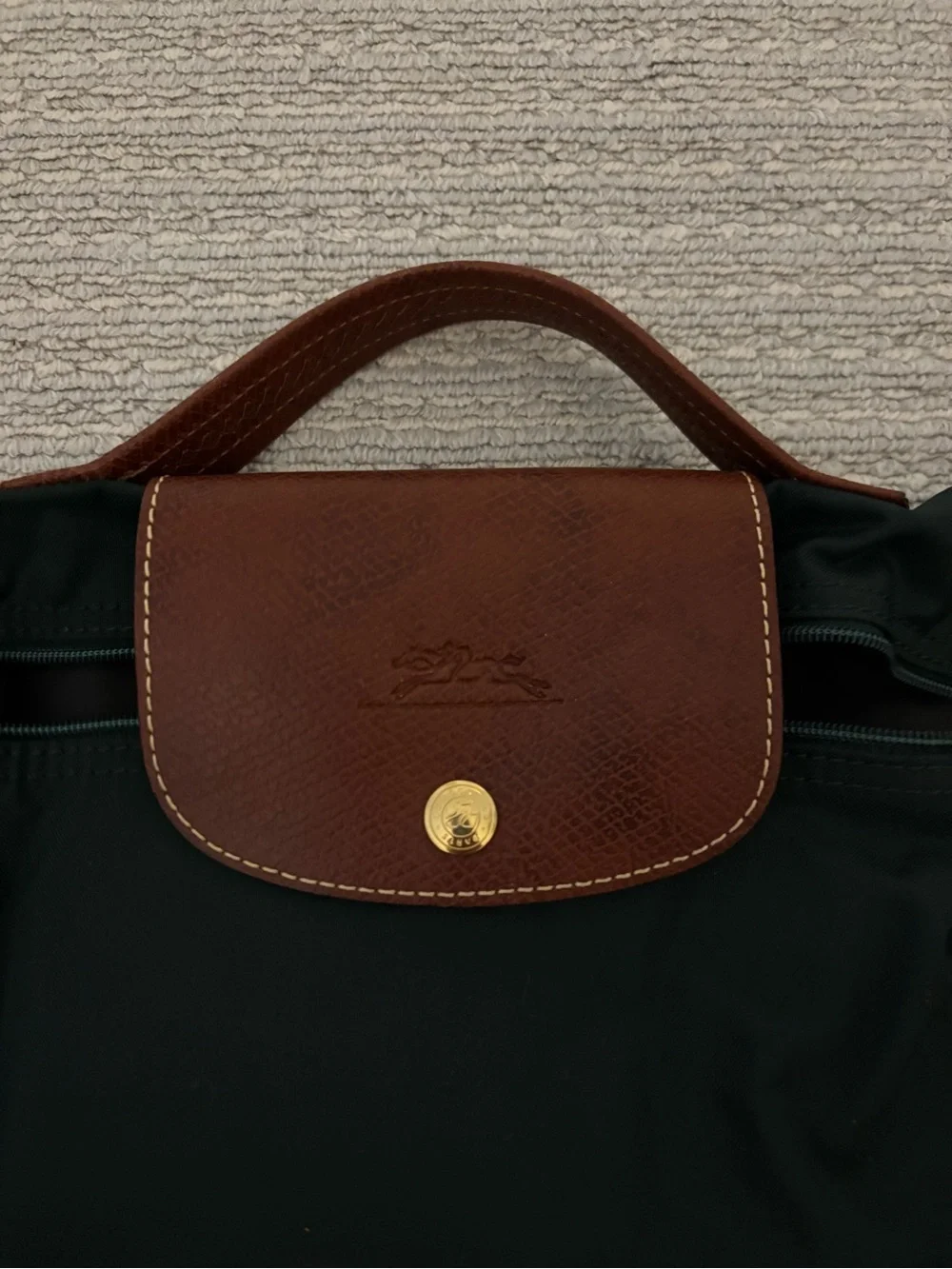 Longchamp Le Pliage Nylon Briefcase. Hunter Green with Brown Leather Handle